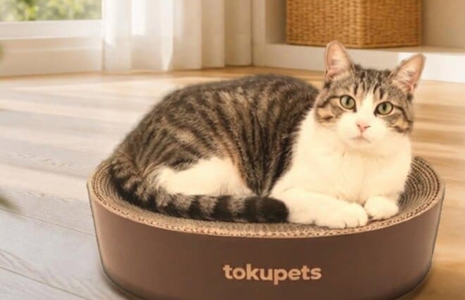 Tabby cat curled up in the Tokupets 2-in-1 oval cat scratcher bed on a wooden floor