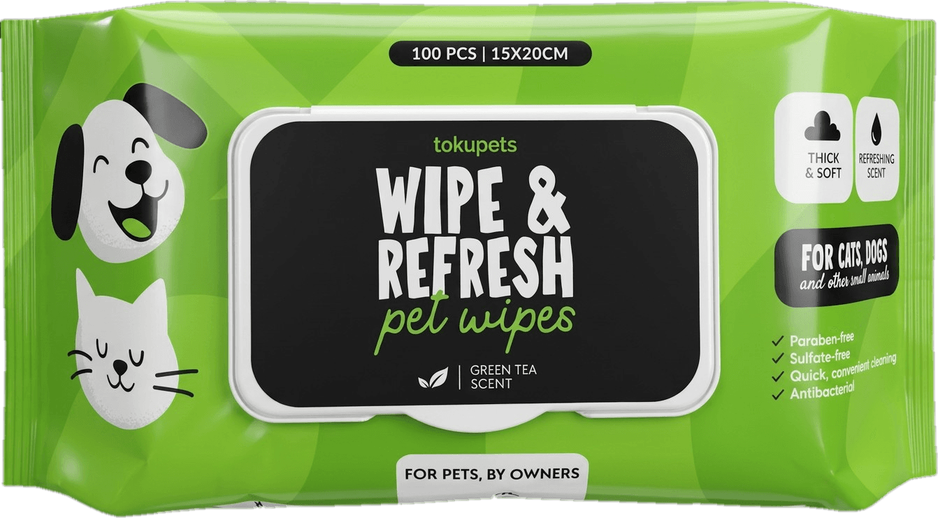 Tokupets Wipe & Refresh pet wipes pack — green packaging with dog and cat line art